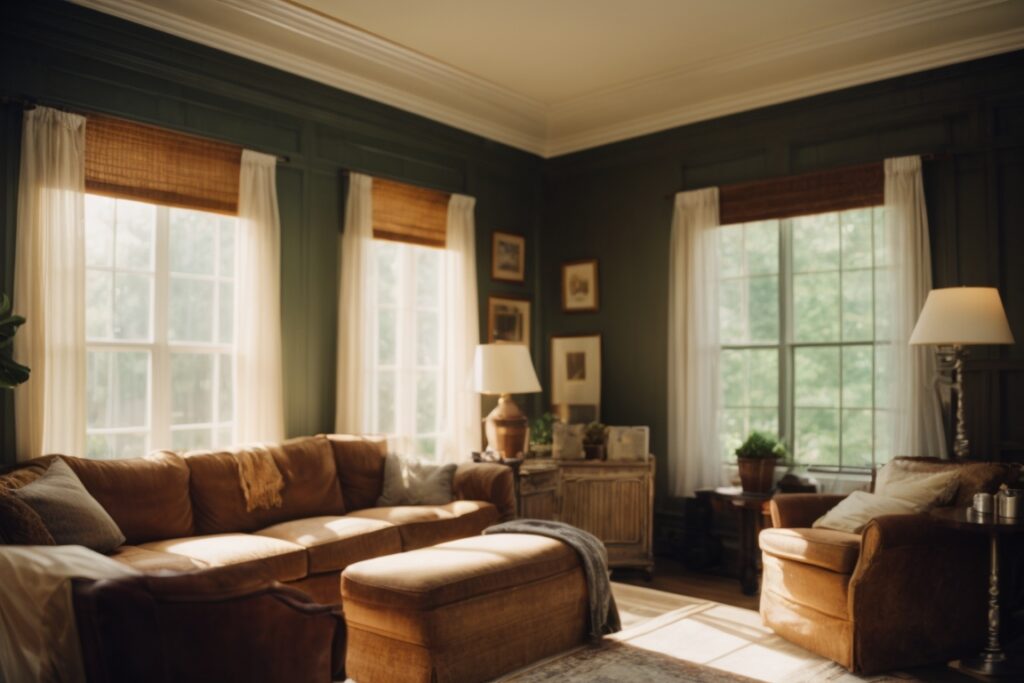 Huntsville home interior with faded furniture and visible sun glare through windows