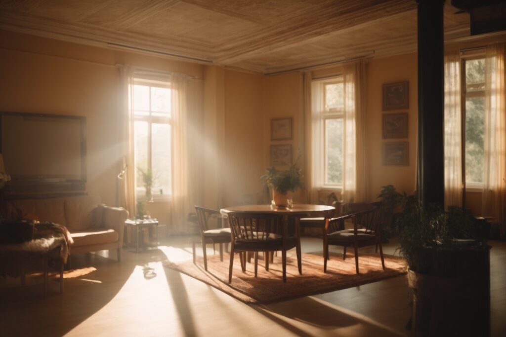 interior room with bright sunlight filtered through window film