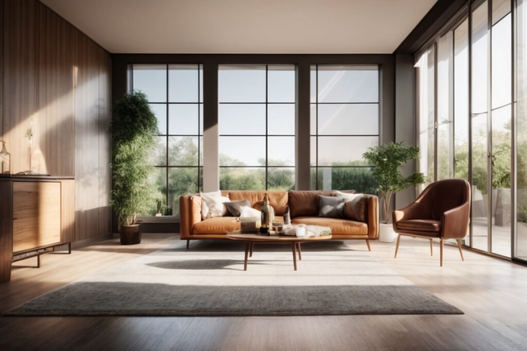 Modern home living room with sunlight reflecting through tinted window films, reduced glare on furniture