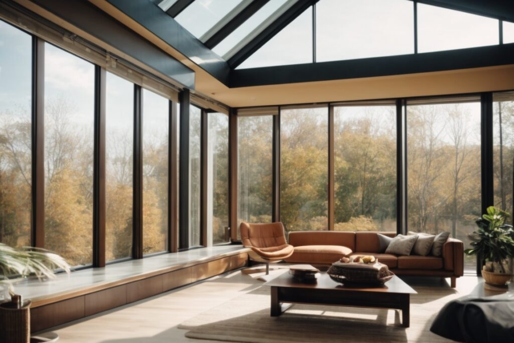 modern home interior with large windows featuring Low-E glass film, sunny day outside