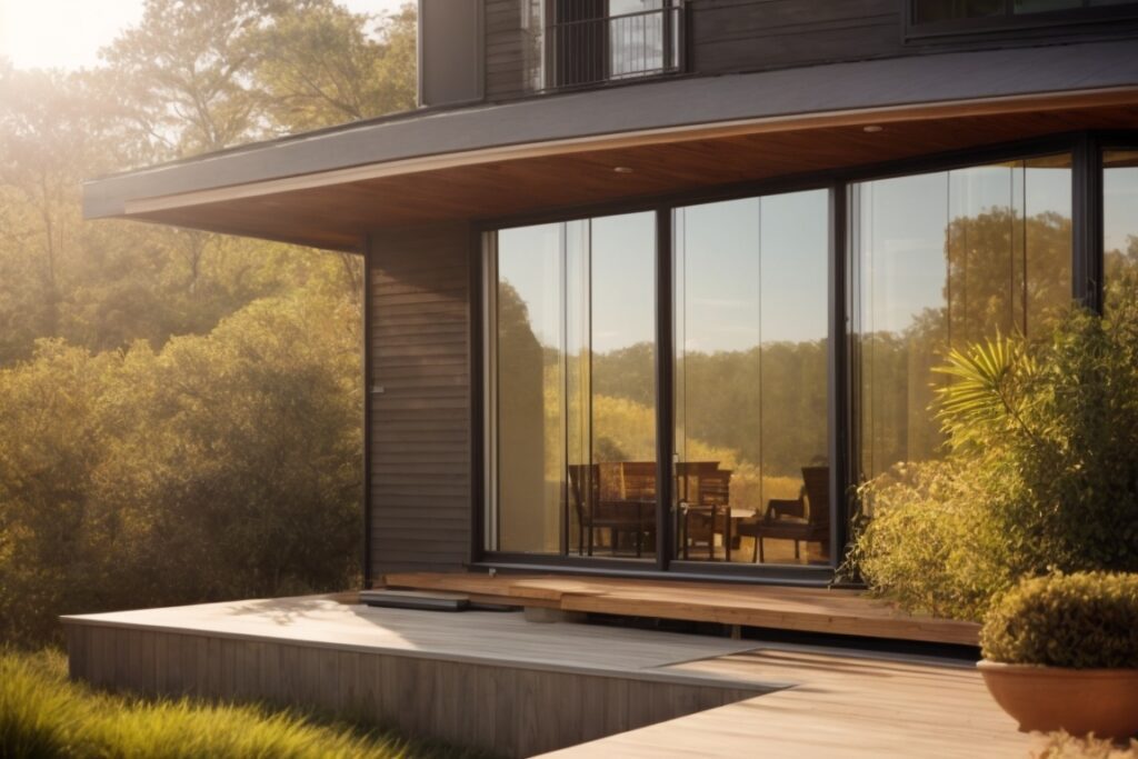 Home exterior with energy-saving window film, sunny Alabama backdrop
