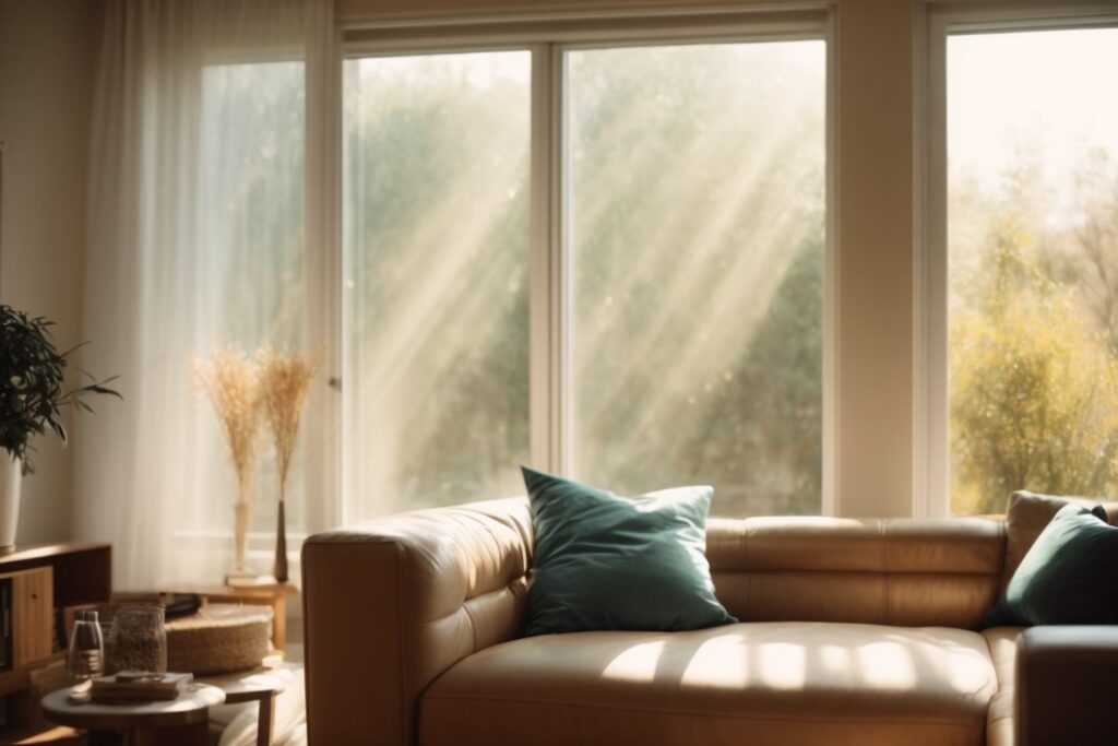 Interior cozy living room bathed in soft sunlight through solar window films