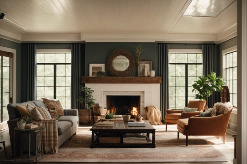 interior of a cozy Huntsville home with tinted windows and visible sunlight filtering through, showing a comfortable living room with less glare
